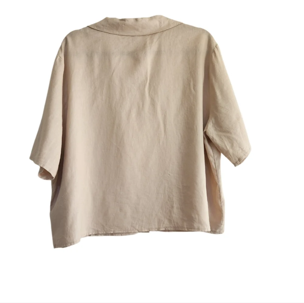 BEIGE LINEN BLEND BUTTON DOWN SHORT SLEEVE TOP SZ LARGE NWT